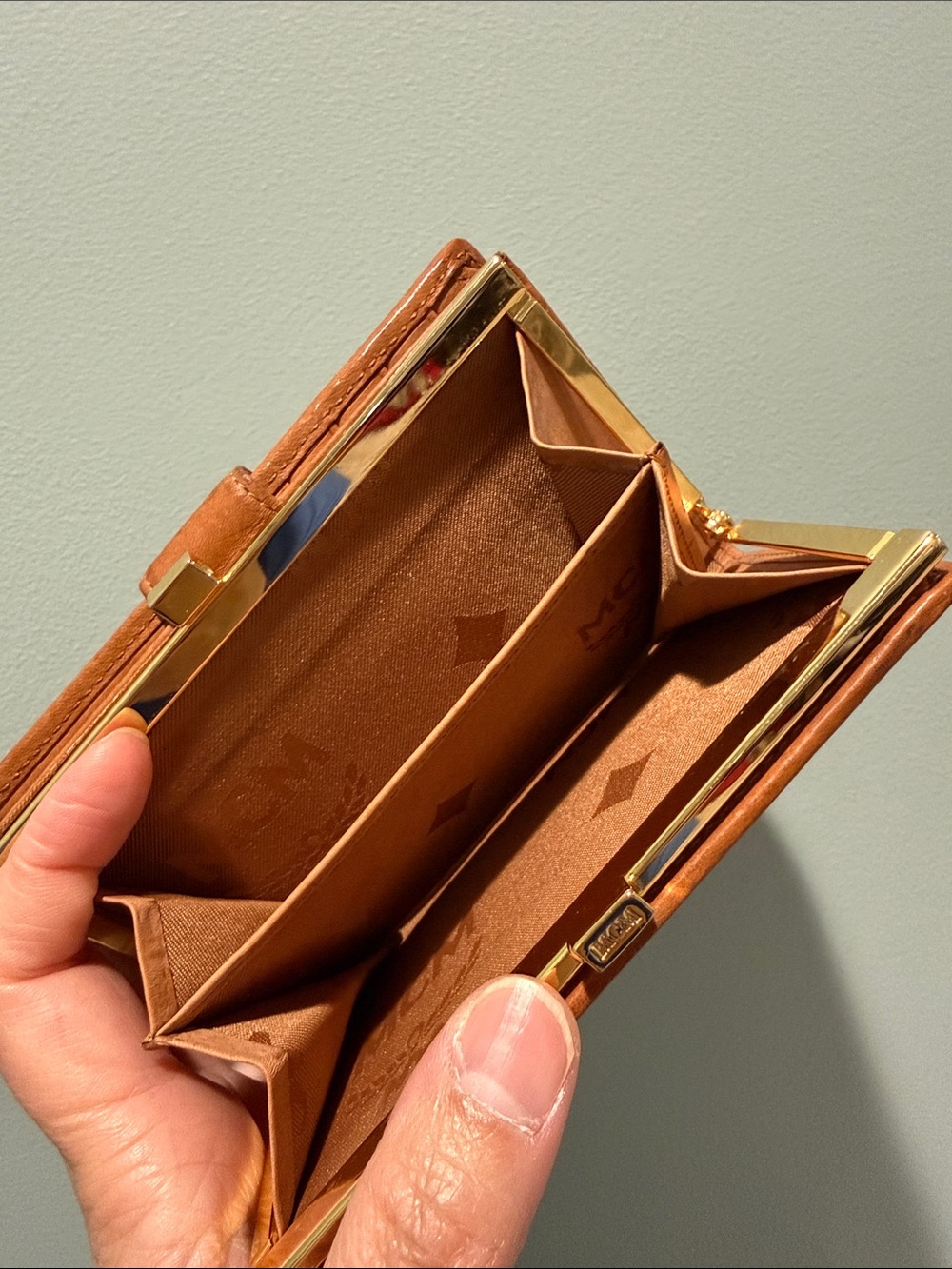 MCM Cognac Logo Leather Snap Wallet with Gold Plaque - Picture 9 of 9